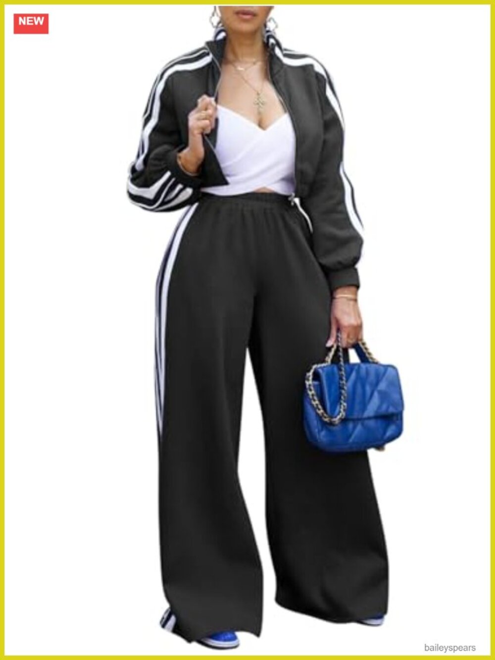 Women's 2 Piece Striped Sweatsuit Zip Crop Jacket Wide Leg Pants Set